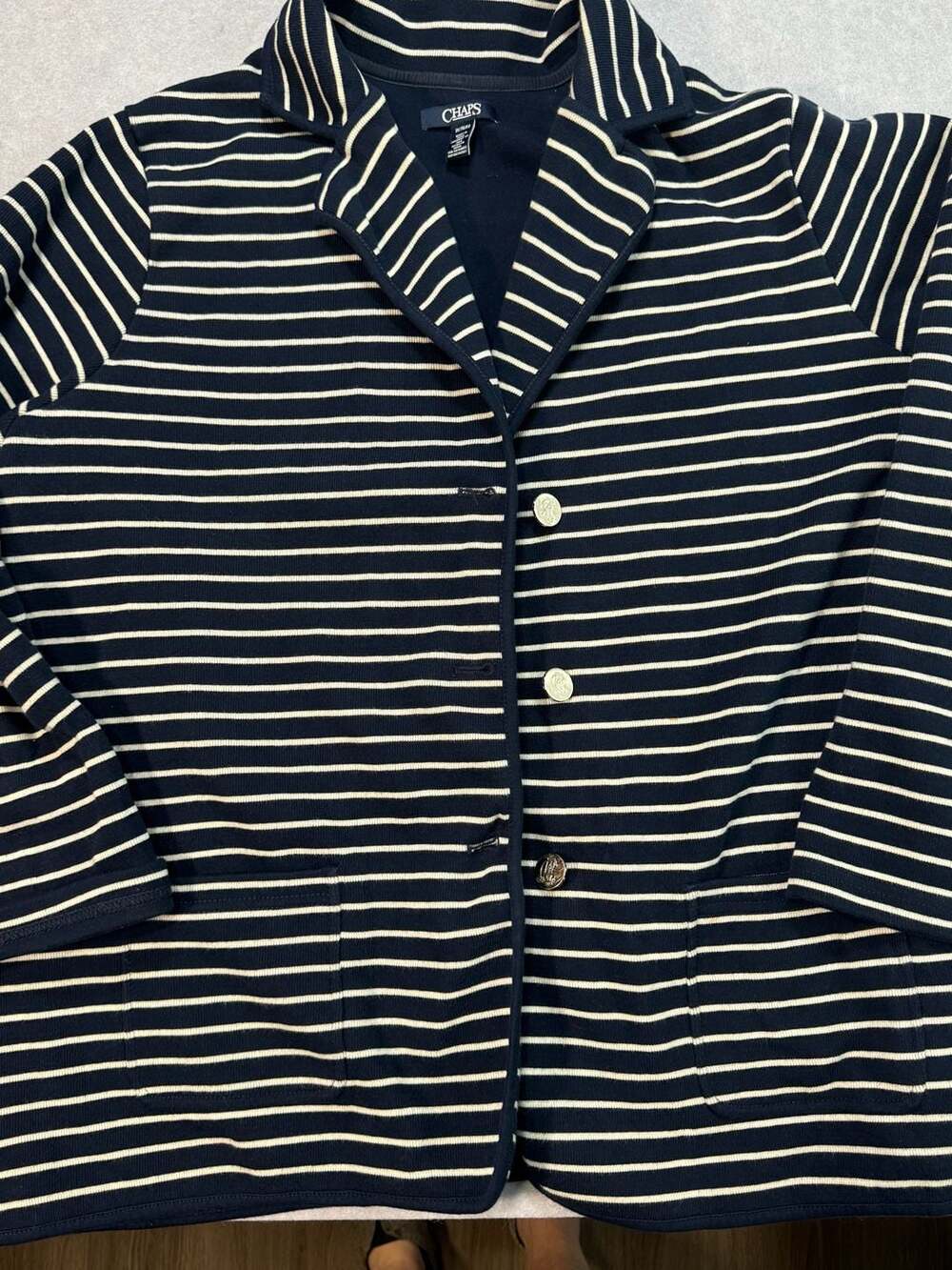 Chaps Women's Navy and White Striped Knit Blazer Jacket Size 1X